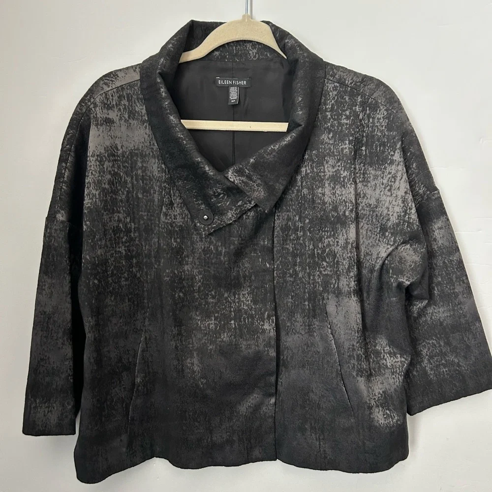 Eileen Fisher Grandeur Jacquard top jacket in black and gray S P - Picture 2 of 5